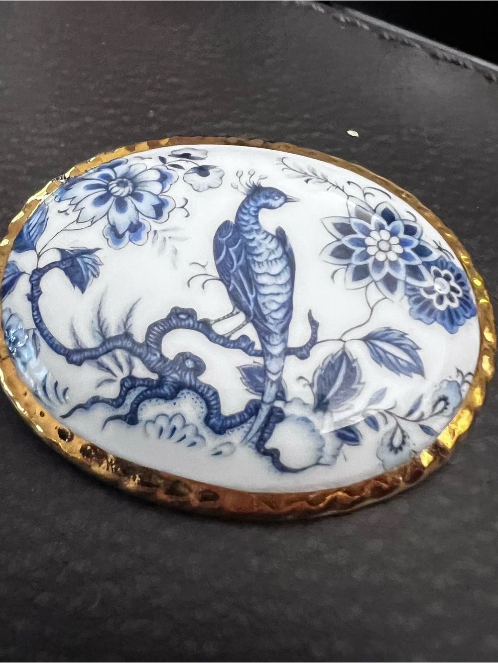 Blue and White bone China Bird Aynsley Cameo Brooch with Gold Trim